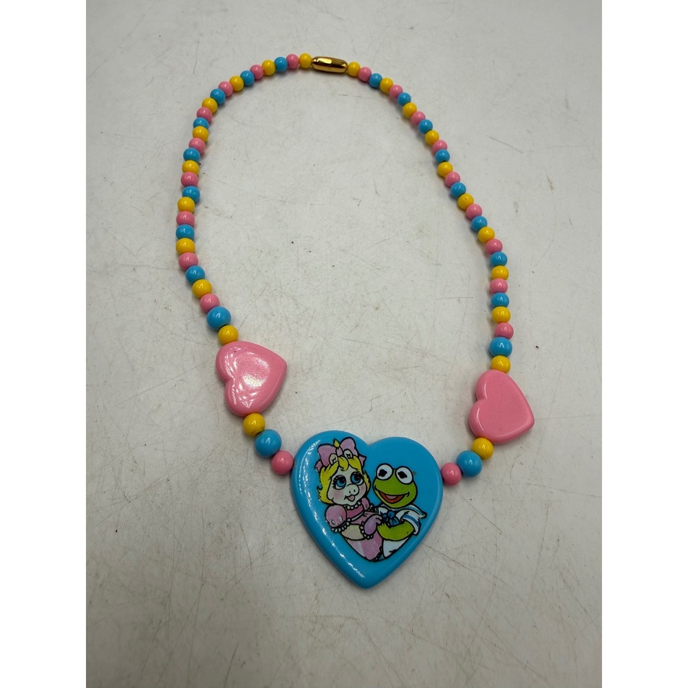 Vintage Muppet Babies Miss Piggy Kermit Heart Beaded Necklace 80s Kidcore